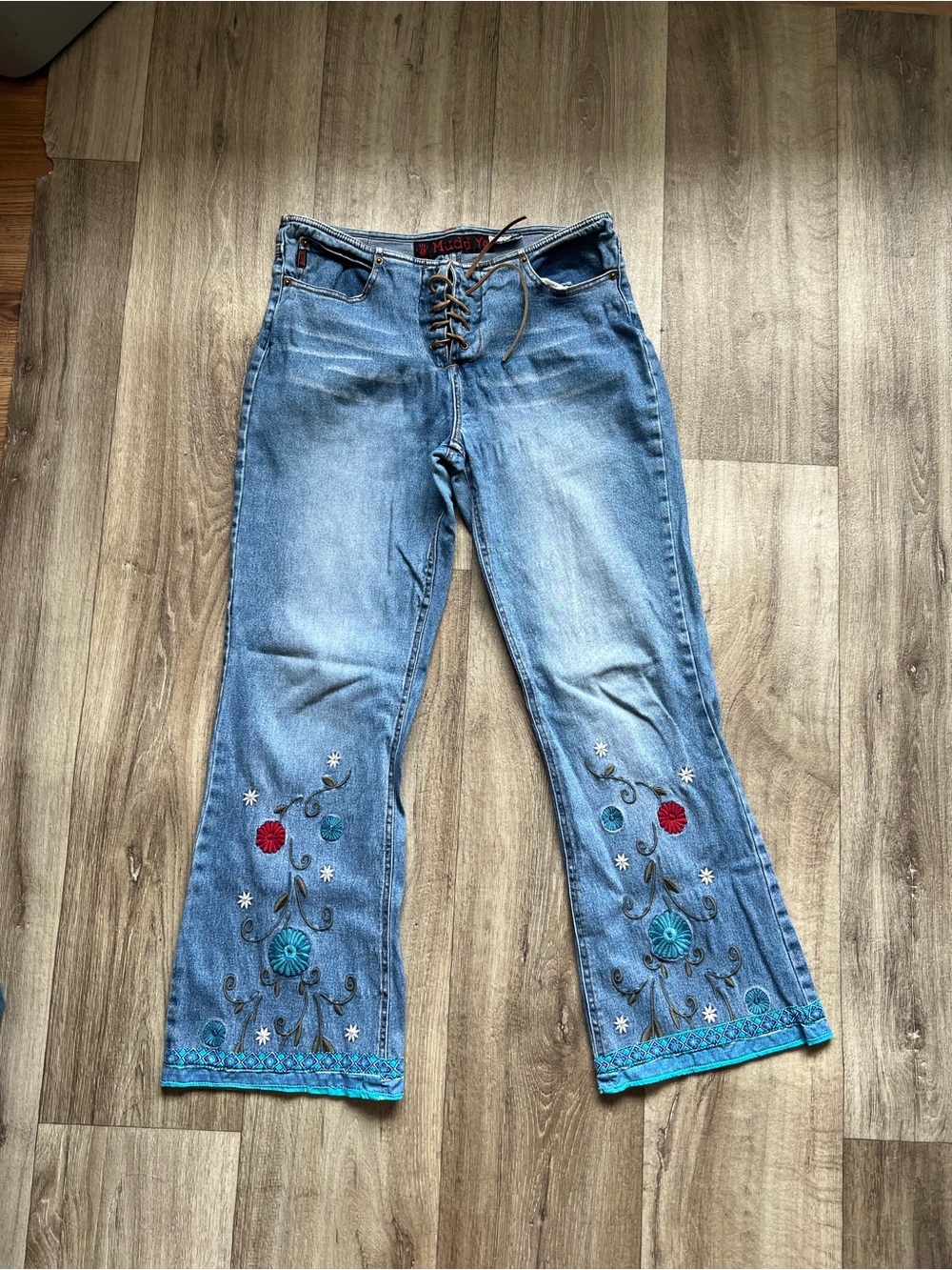 Vintage Y2K MUDD Flare Lace Up Floral Embroidered Fairy Core Blue Denim Jeans